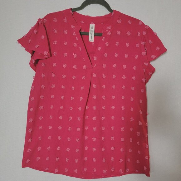 B Brand Womens Top Sz XL Short Flutter Sleeves V-Neck Fuzzy Dots Rose Pink - Picture 1 of 8